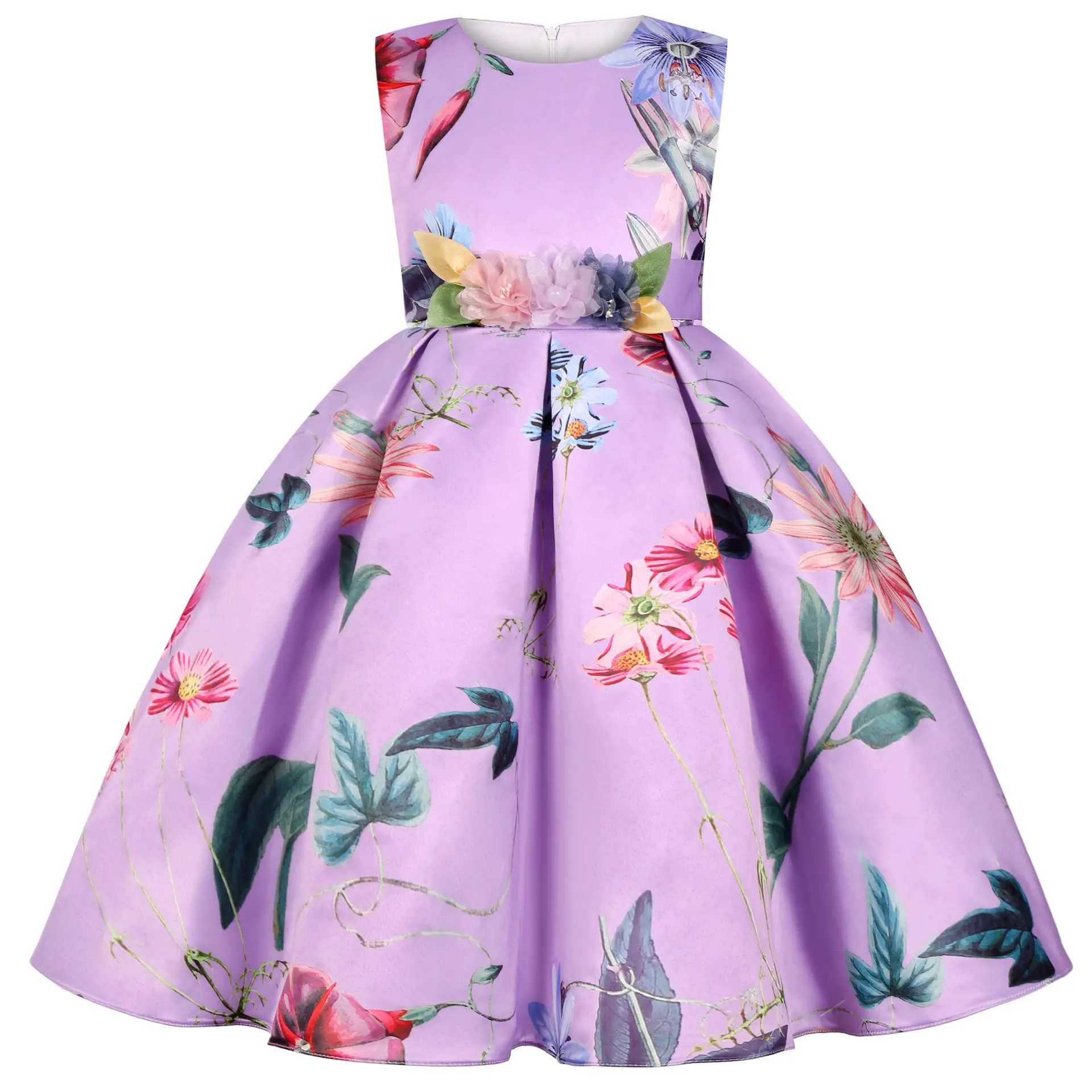 2025 Kids Floral Princess Dress Blue Retro Print - Image 3