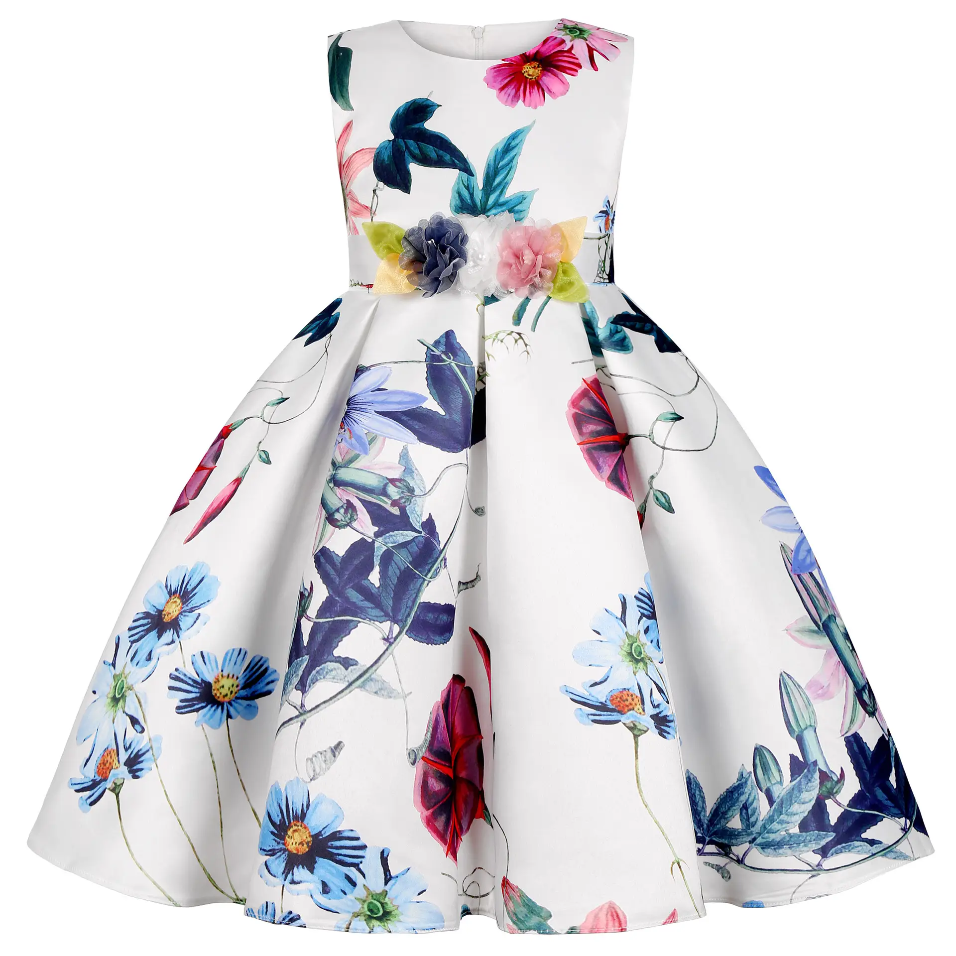 2025 Kids Floral Princess Dress Blue Retro Print - Image 7