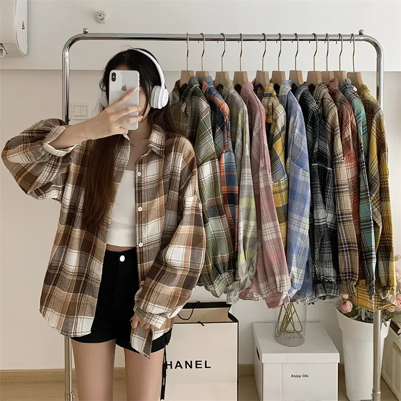 Women Plaid Loose Shirt Spring Summer Thin Retro Hong Kong Style - Image 15