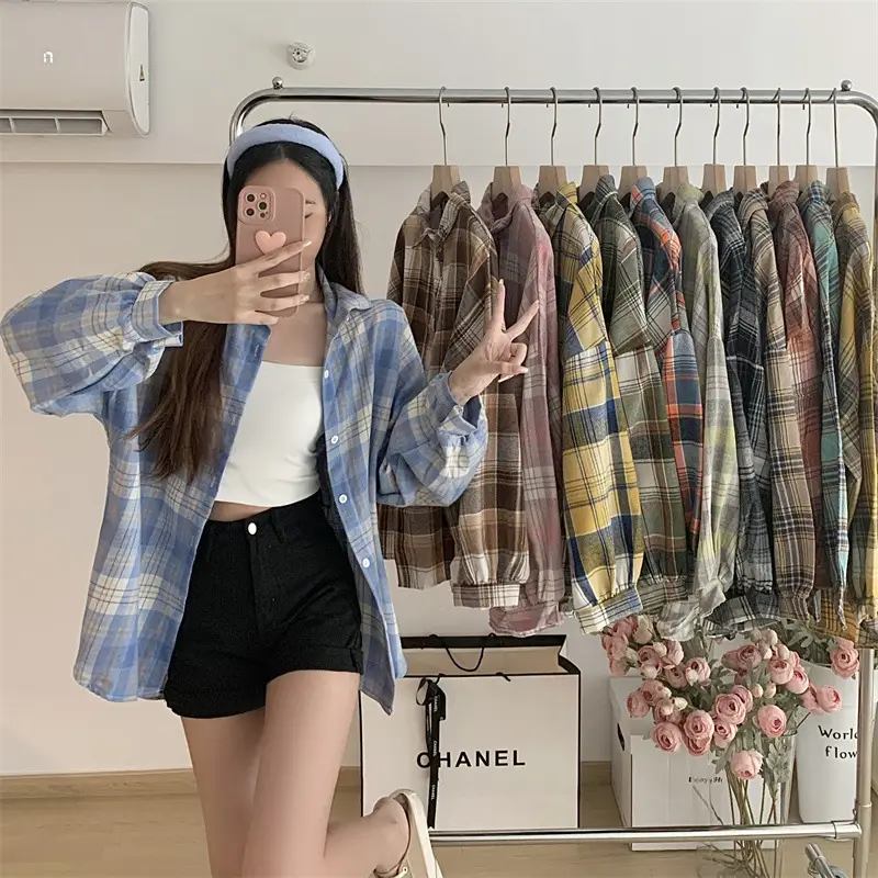 Women Plaid Loose Shirt Spring Summer Thin Retro Hong Kong Style - Image 17