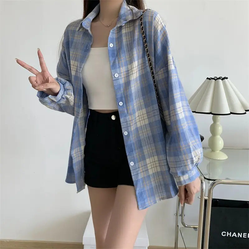 Women Plaid Loose Shirt Spring Summer Thin Retro Hong Kong Style — feature 10
