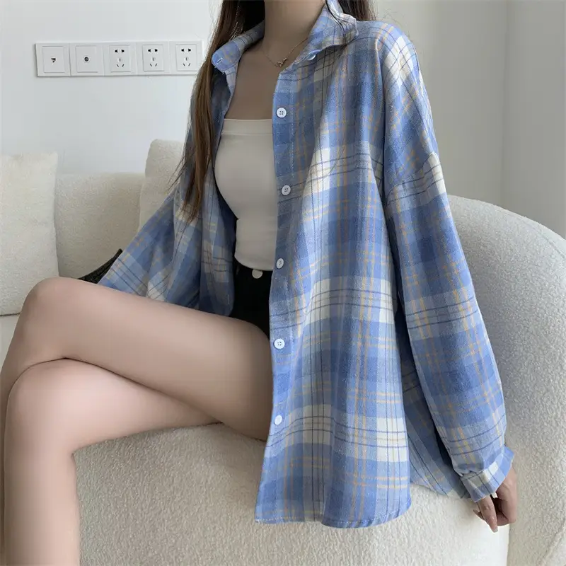 Women Plaid Loose Shirt Spring Summer Thin Retro Hong Kong Style — feature 11