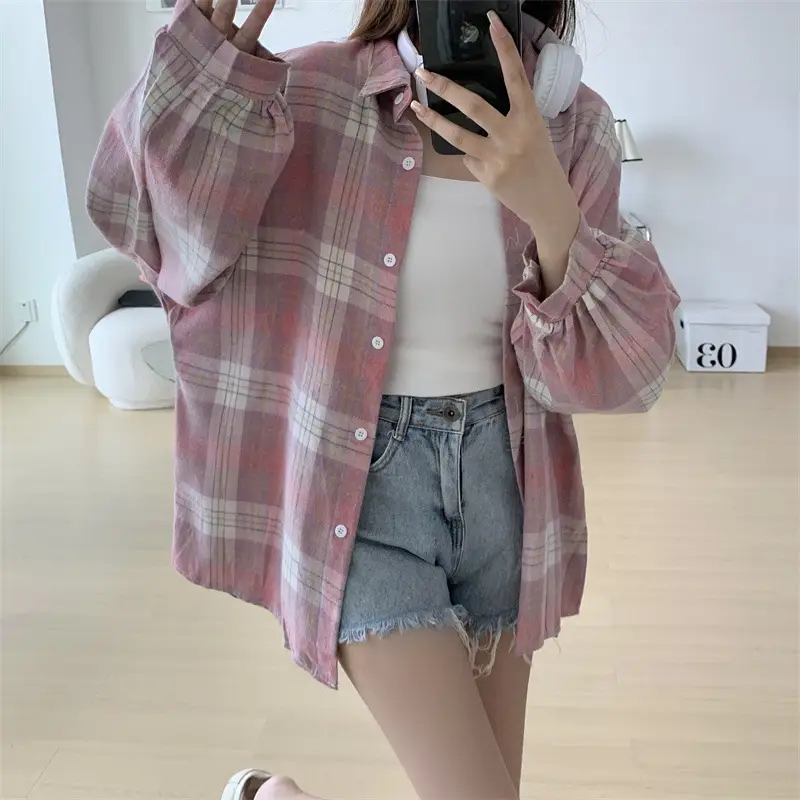 Women Plaid Loose Shirt Spring Summer Thin Retro Hong Kong Style — feature 12