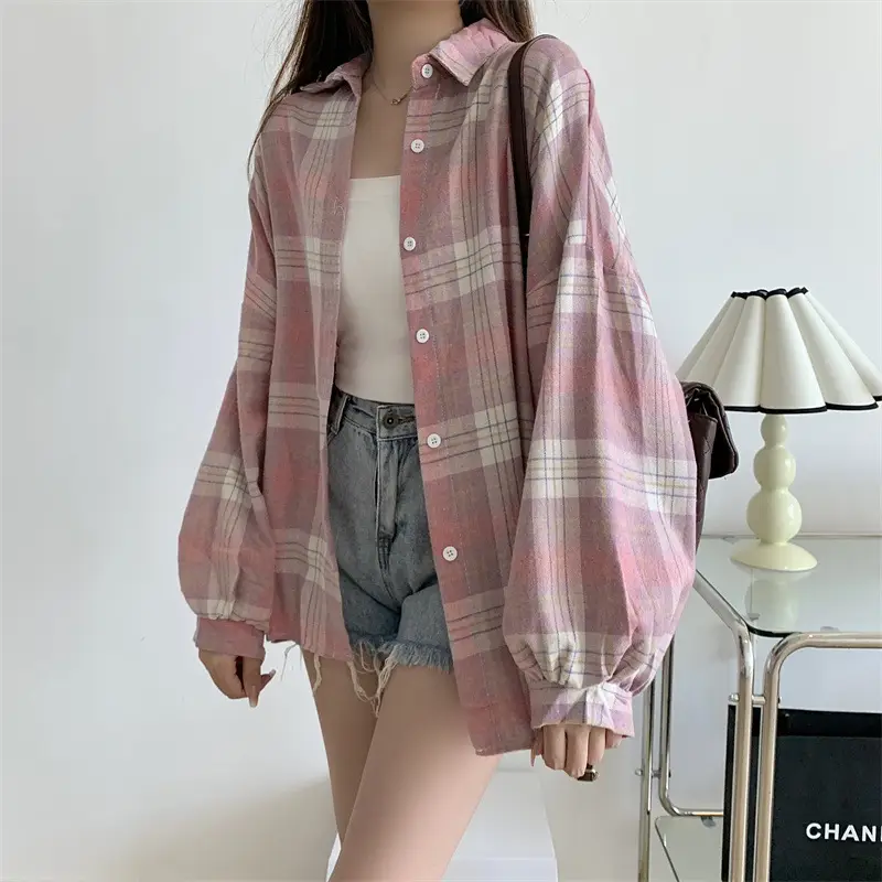 Women Plaid Loose Shirt Spring Summer Thin Retro Hong Kong Style — feature 13