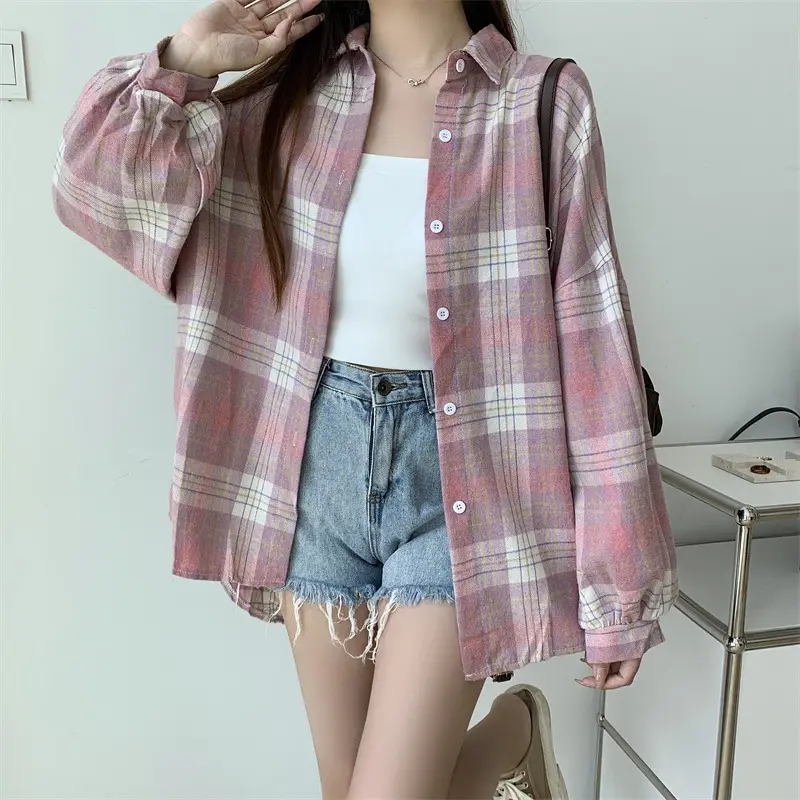 Women Plaid Loose Shirt Spring Summer Thin Retro Hong Kong Style — feature 14