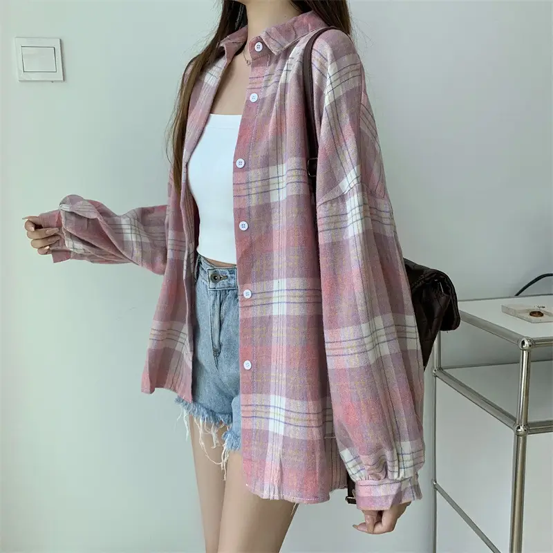 Women Plaid Loose Shirt Spring Summer Thin Retro Hong Kong Style — feature 15