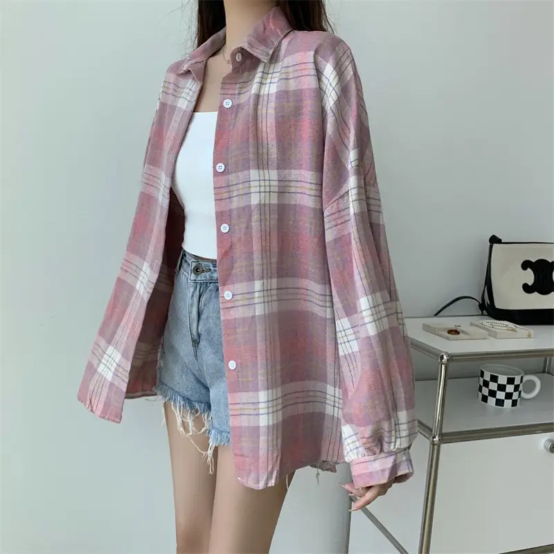Women Plaid Loose Shirt Spring Summer Thin Retro Hong Kong Style — feature 16