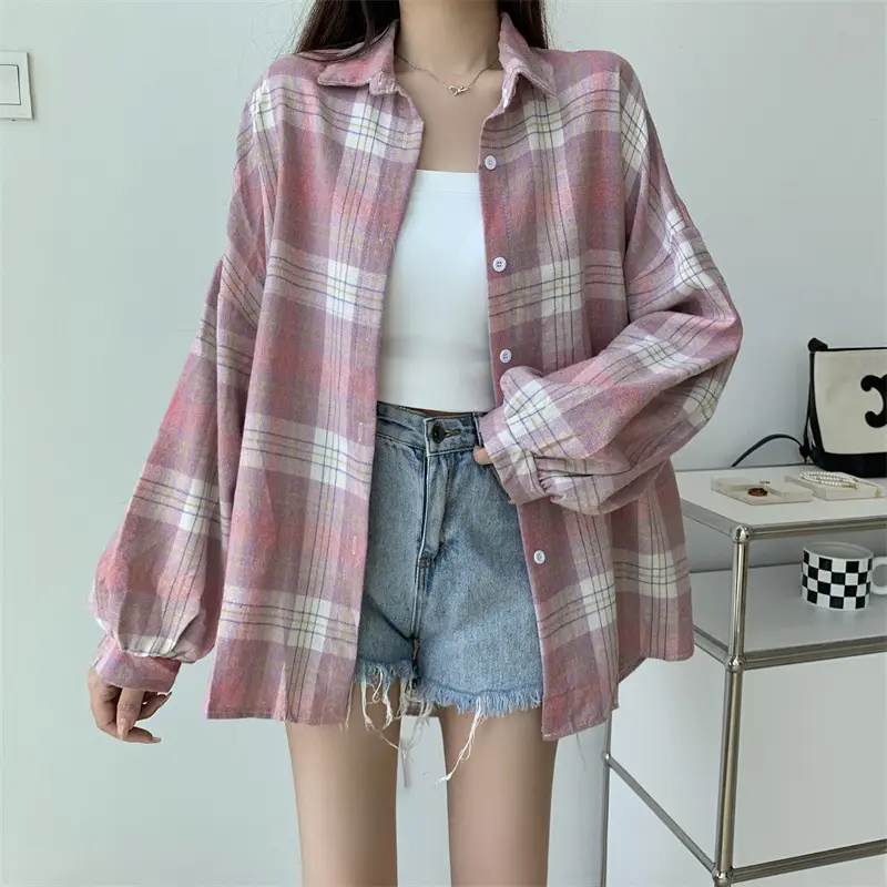Women Plaid Loose Shirt Spring Summer Thin Retro Hong Kong Style — feature 17