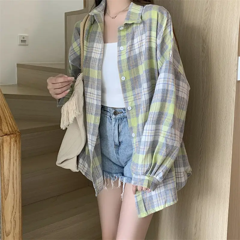Women Plaid Loose Shirt Spring Summer Thin Retro Hong Kong Style — feature 20