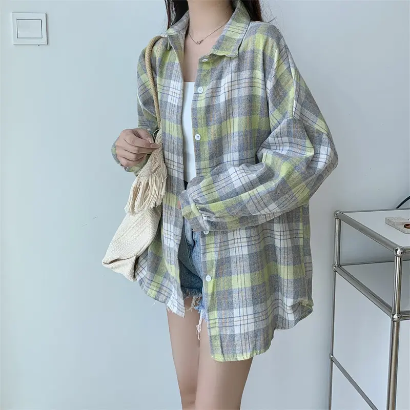 Women Plaid Loose Shirt Spring Summer Thin Retro Hong Kong Style — feature 21