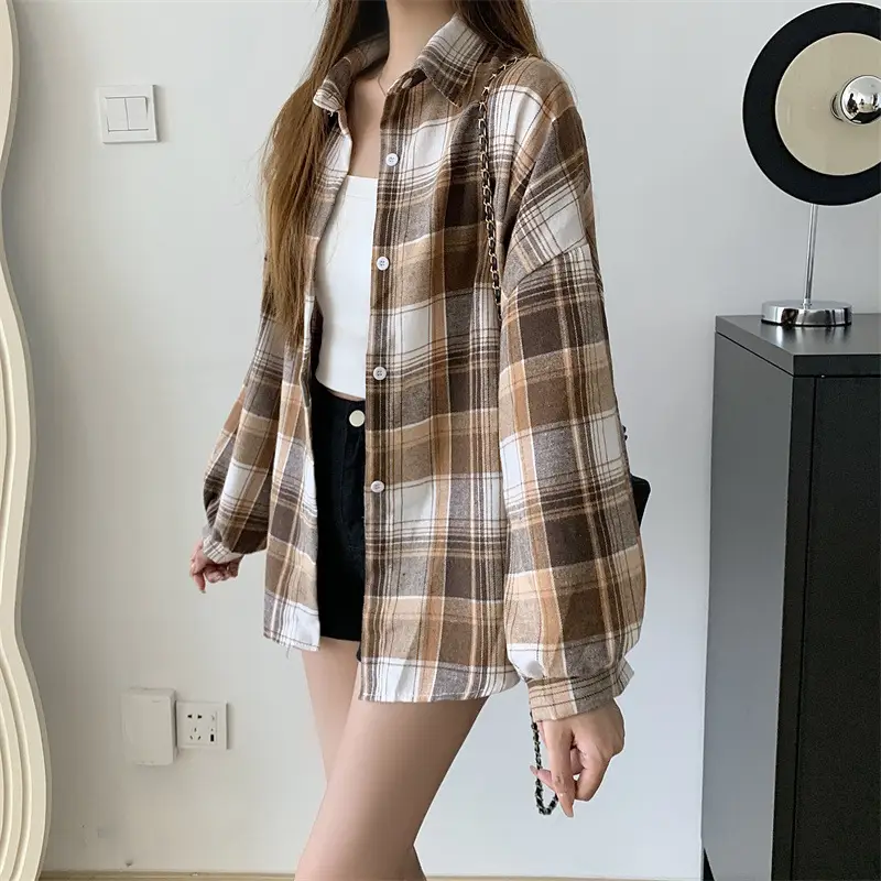 Women Plaid Loose Shirt Spring Summer Thin Retro Hong Kong Style — feature 23