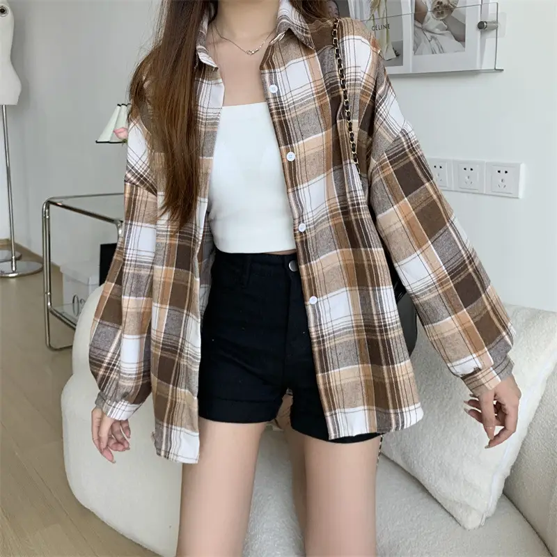 Women Plaid Loose Shirt Spring Summer Thin Retro Hong Kong Style — feature 24
