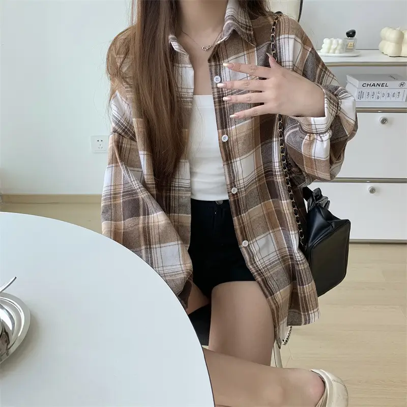 Women Plaid Loose Shirt Spring Summer Thin Retro Hong Kong Style — feature 25
