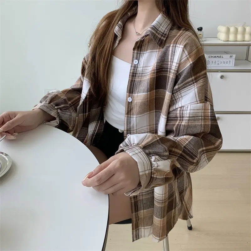 Women Plaid Loose Shirt Spring Summer Thin Retro Hong Kong Style — feature 26