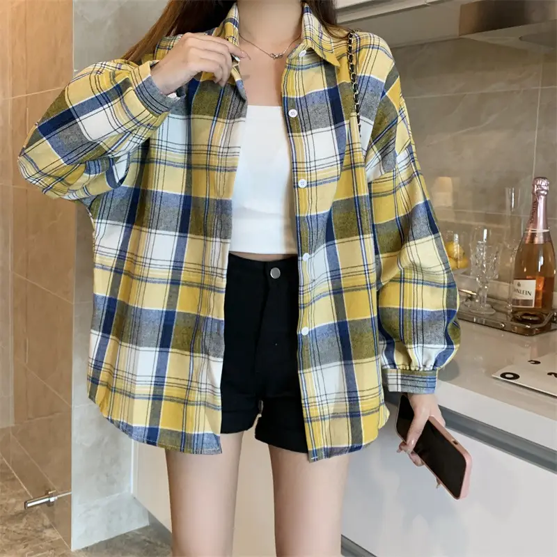 Women Plaid Loose Shirt Spring Summer Thin Retro Hong Kong Style — feature 27