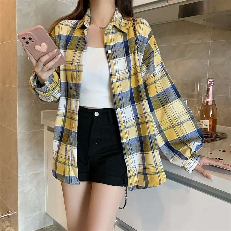 Women Plaid Loose Shirt Spring Summer Thin Retro Hong Kong Style — feature 28