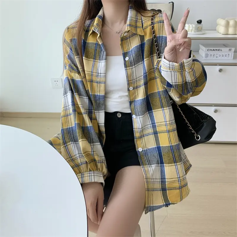 Women Plaid Loose Shirt Spring Summer Thin Retro Hong Kong Style — feature 29