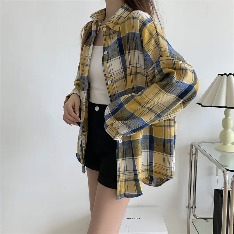 Women Plaid Loose Shirt Spring Summer Thin Retro Hong Kong Style — feature 30