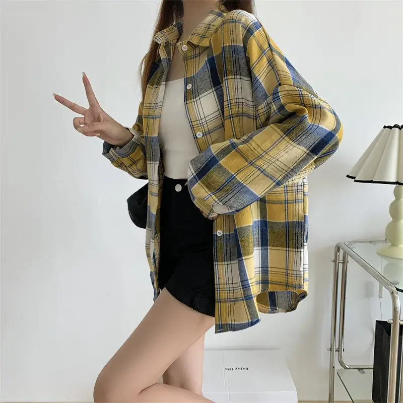 Women Plaid Loose Shirt Spring Summer Thin Retro Hong Kong Style — feature 31