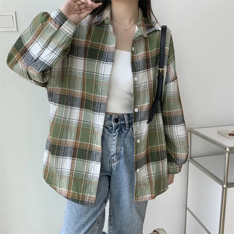 Women Plaid Loose Shirt Spring Summer Thin Retro Hong Kong Style — feature 34