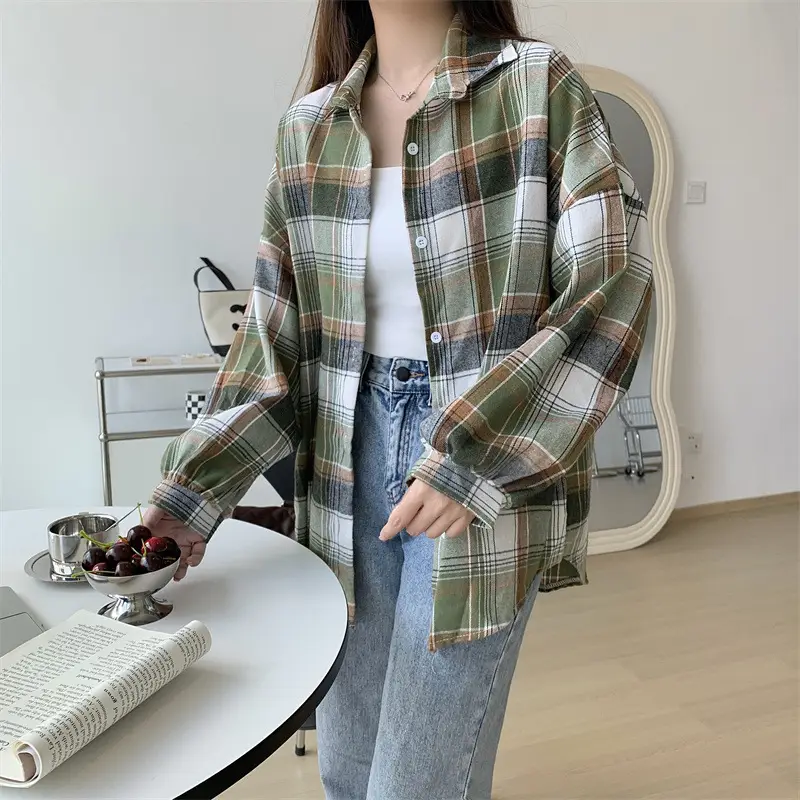 Women Plaid Loose Shirt Spring Summer Thin Retro Hong Kong Style — feature 36