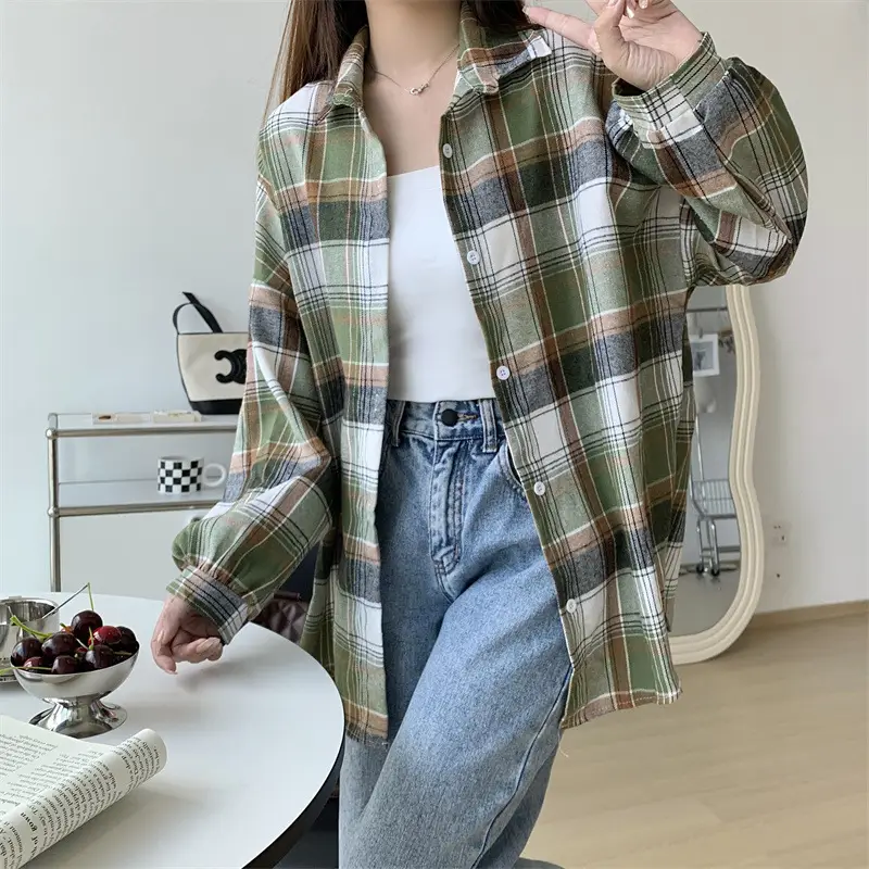 Women Plaid Loose Shirt Spring Summer Thin Retro Hong Kong Style — feature 37