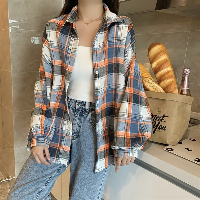 Women Plaid Loose Shirt Spring Summer Thin Retro Hong Kong Style — feature 38