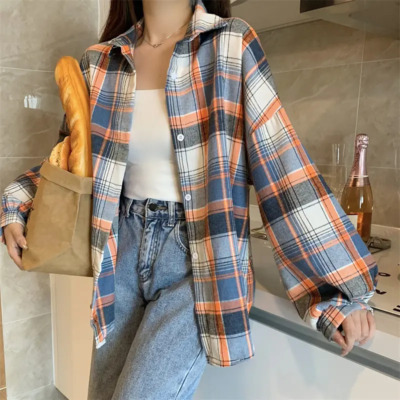 Women Plaid Loose Shirt Spring Summer Thin Retro Hong Kong Style — feature 39