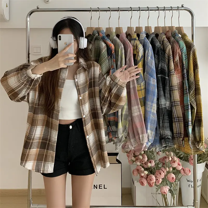 Women Plaid Loose Shirt Spring Summer Thin Retro Hong Kong Style — feature 4