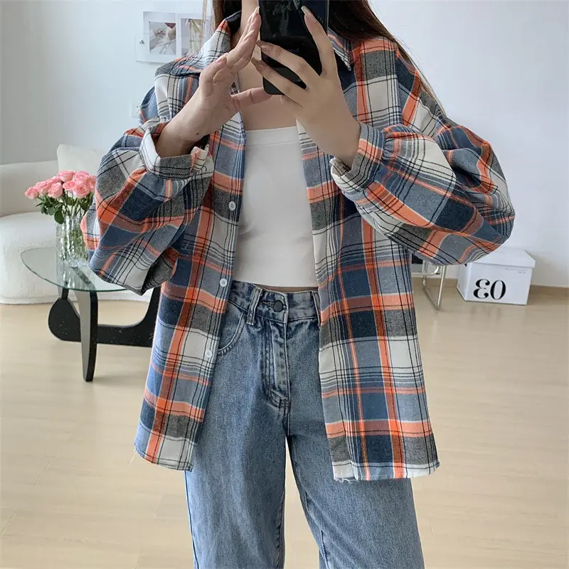 Women Plaid Loose Shirt Spring Summer Thin Retro Hong Kong Style — feature 41