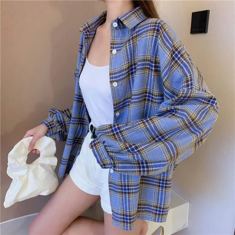 Women Plaid Loose Shirt Spring Summer Thin Retro Hong Kong Style — feature 43