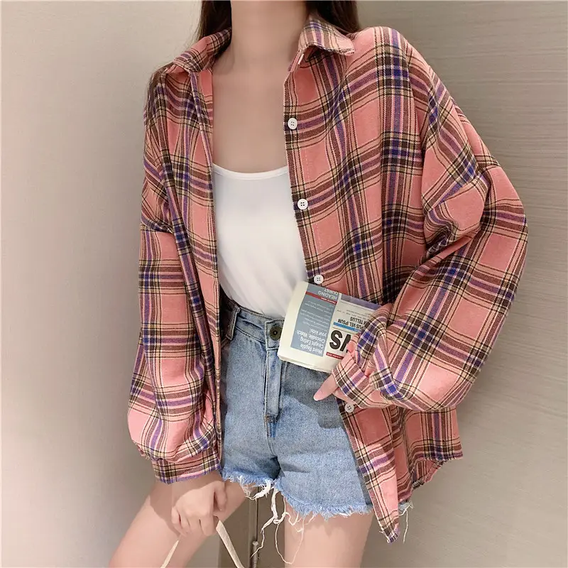 Women Plaid Loose Shirt Spring Summer Thin Retro Hong Kong Style — feature 45