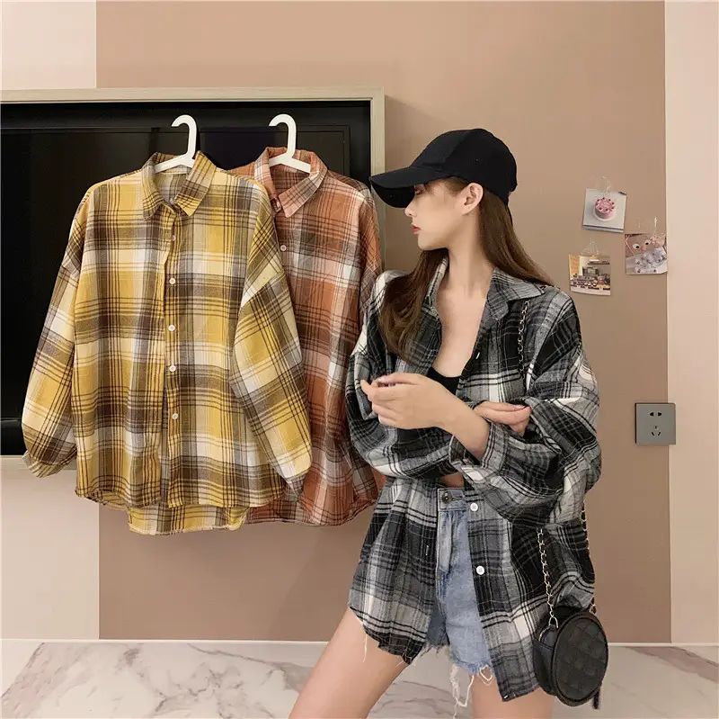Women Plaid Loose Shirt Spring Summer Thin Retro Hong Kong Style — feature 46
