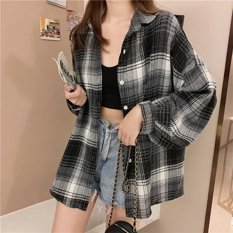 Women Plaid Loose Shirt Spring Summer Thin Retro Hong Kong Style — feature 47