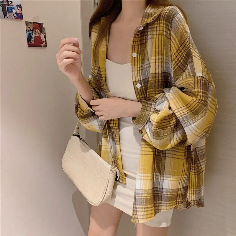 Women Plaid Loose Shirt Spring Summer Thin Retro Hong Kong Style — feature 48