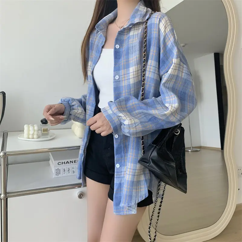 Women Plaid Loose Shirt Spring Summer Thin Retro Hong Kong Style — feature 7