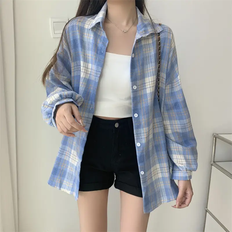 Women Plaid Loose Shirt Spring Summer Thin Retro Hong Kong Style — feature 8