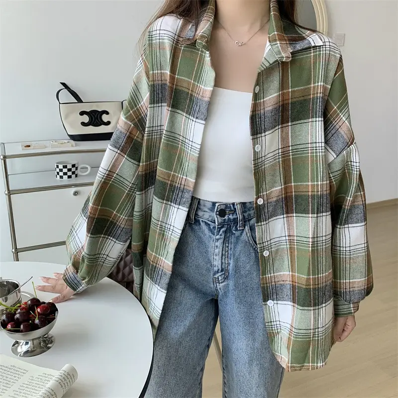 Women Plaid Loose Shirt Spring Summer Thin Retro Hong Kong Style - Image 10
