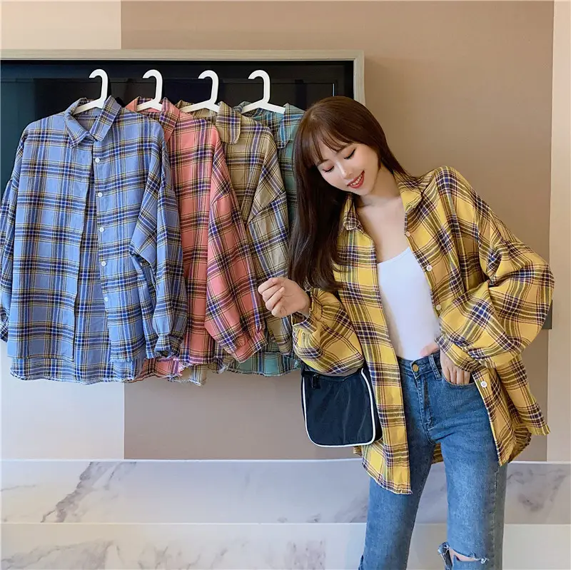 Women Plaid Loose Shirt Spring Summer Thin Retro Hong Kong Style - Image 11