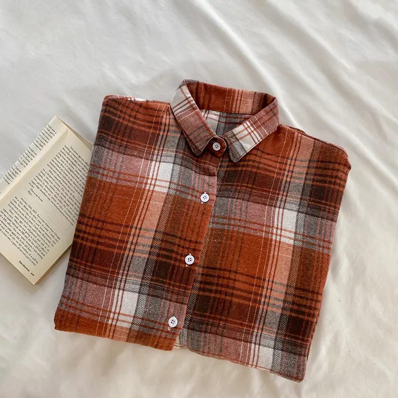 Women Plaid Loose Shirt Spring Summer Thin Retro Hong Kong Style - Image 3