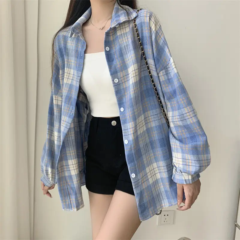 Women Plaid Loose Shirt Spring Summer Thin Retro Hong Kong Style - Image 5