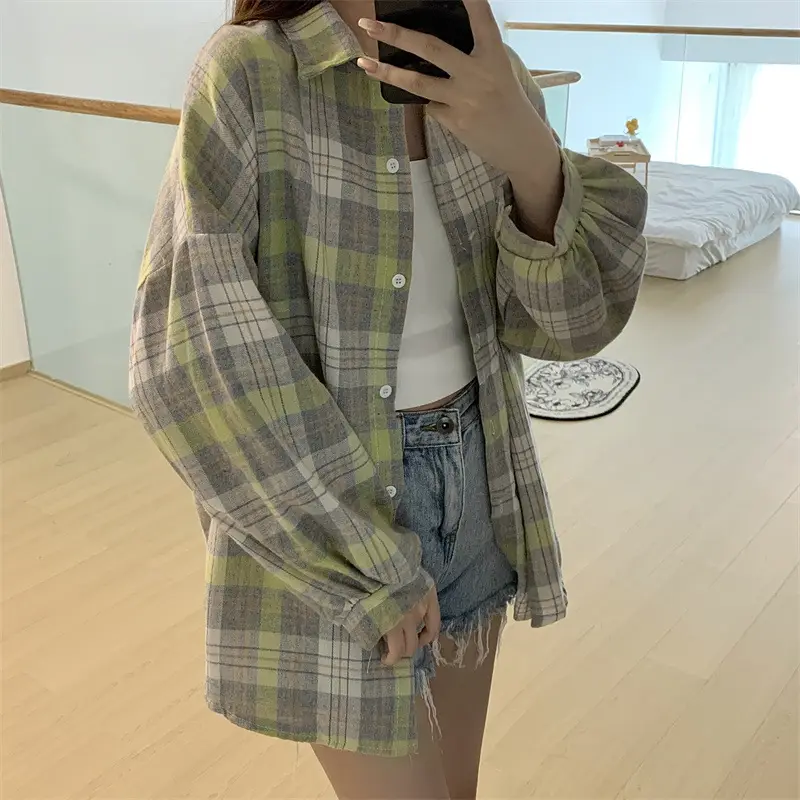 Women Plaid Loose Shirt Spring Summer Thin Retro Hong Kong Style - Image 6