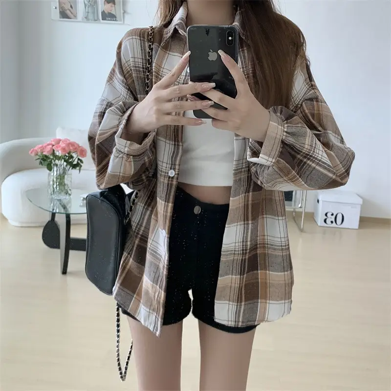 Women Plaid Loose Shirt Spring Summer Thin Retro Hong Kong Style - Image 8
