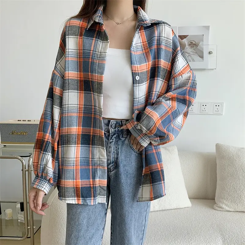 Women Plaid Loose Shirt Spring Summer Thin Retro Hong Kong Style - Image 9