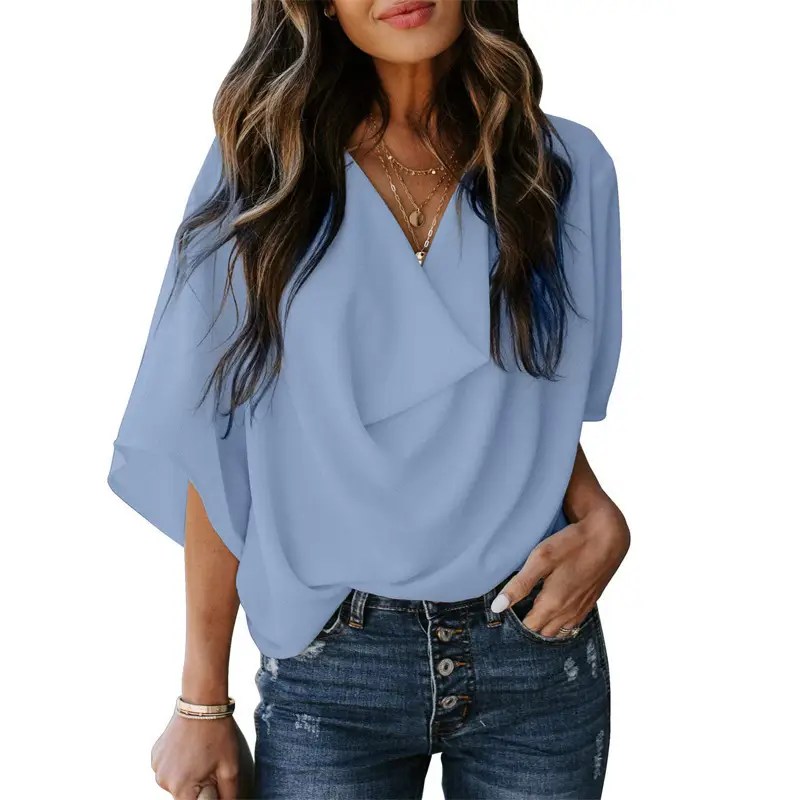 Women Chiffon V-Neck T-Shirt White Loose Fit Casual Top