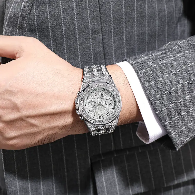 Men's Diamond Rhinestone Quartz Watch with Full Steel Band - Image 6