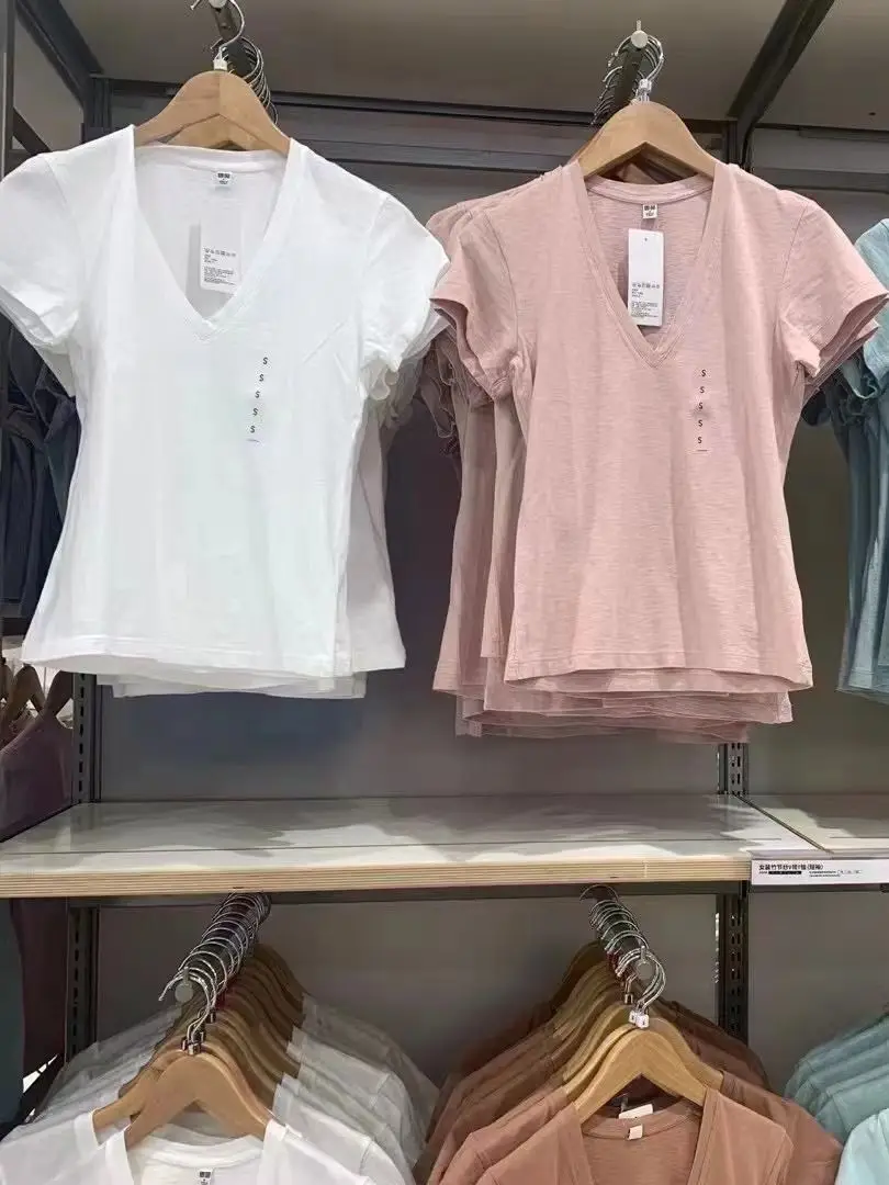 Japanese Women V Neck Bamboo Yarn T-Shirt Pink 2023 - Image 8