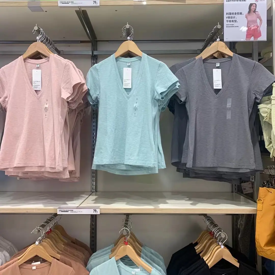 Japanese Women V Neck Bamboo Yarn T-Shirt Pink 2023 - Image 2