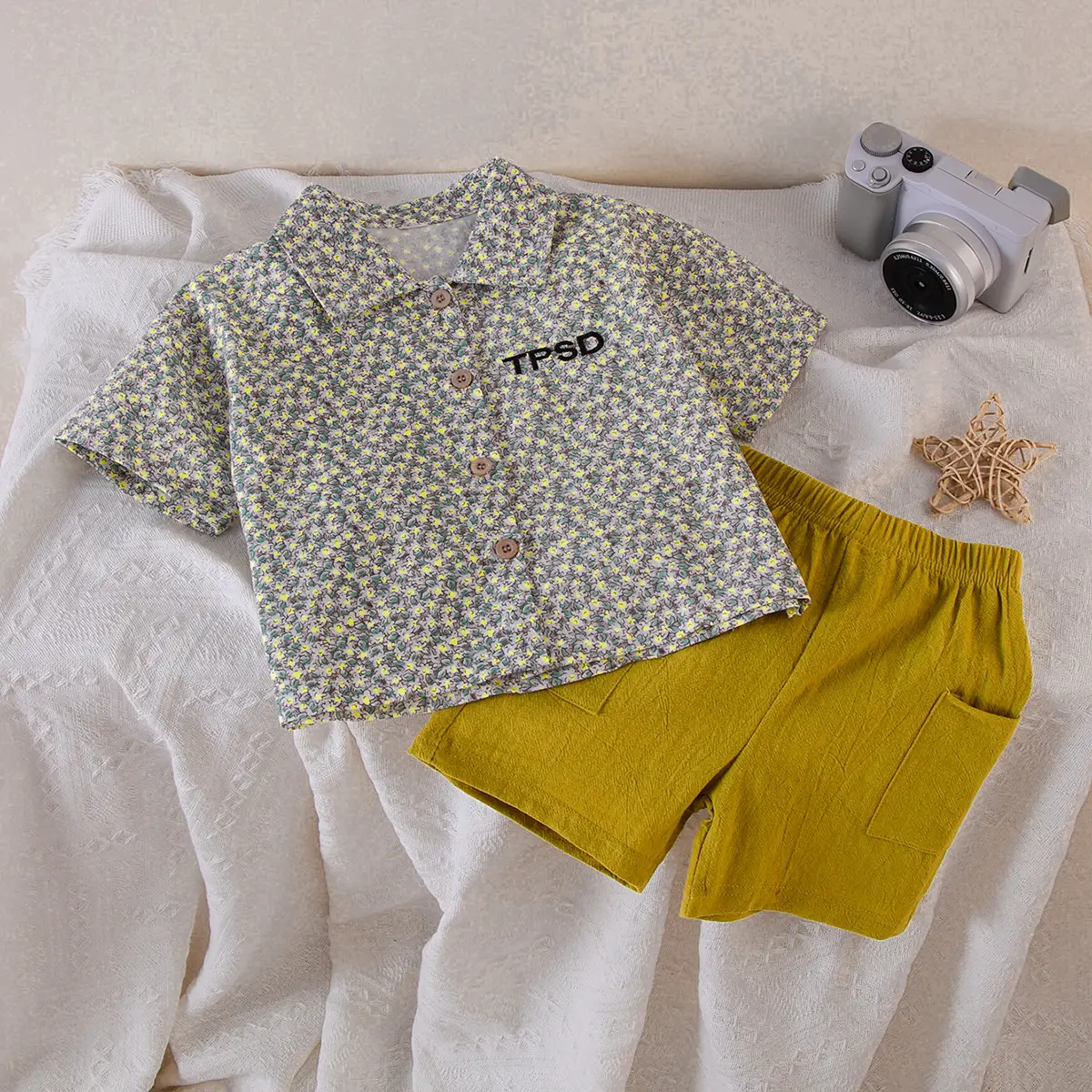 Baby Floral Short Sleeve Shirt & Yellow Shorts Set - Image 2