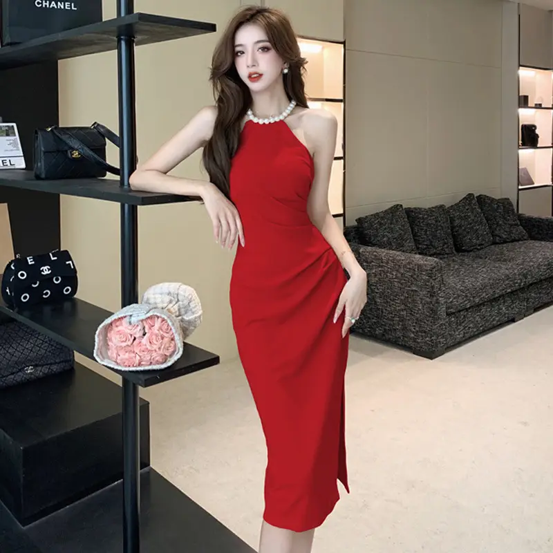 French Neck Slip Skirt Dress Pink Slim Fit Elegant Split Hip